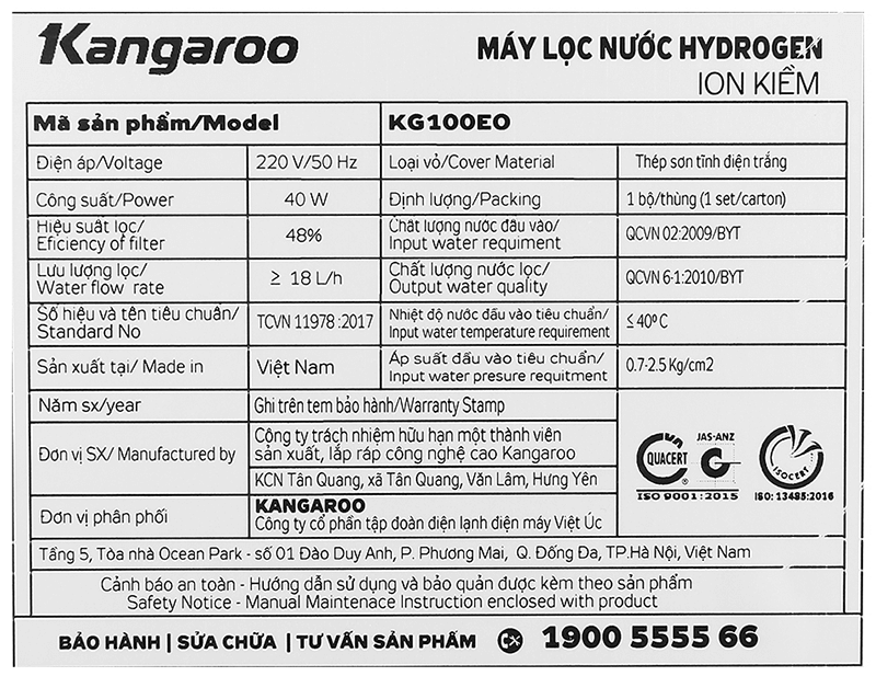 Máy Lọc Nước Hydrogen  Ion Kiềm Kangaro KG100EO - 7 Cấp Lọc