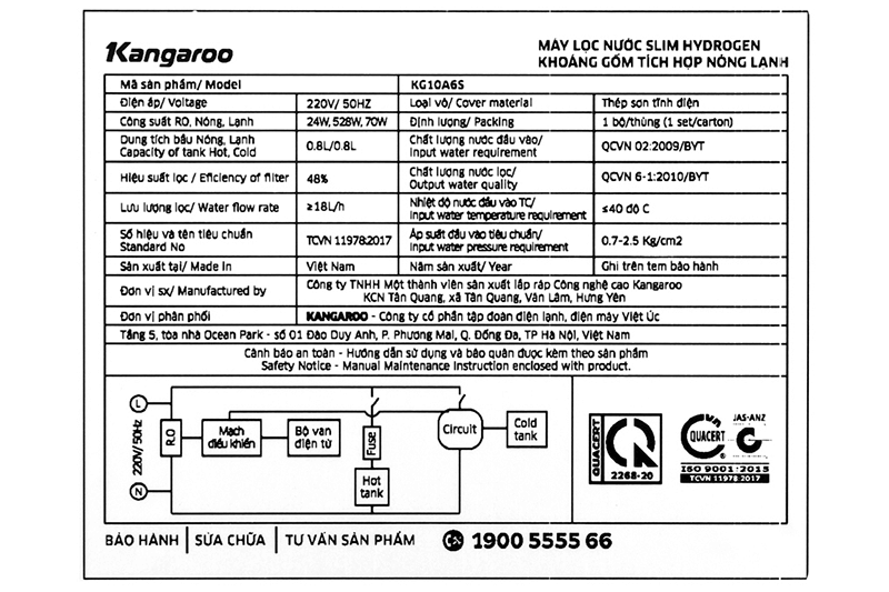 Máy Lọc Nước Nóng Lạnh Kangaroo Hydrogen Ion Kiềm KG10A6S - 7 Cấp Lọc